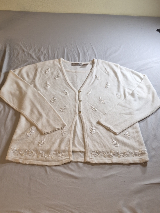 Carolyn Taylor Sweaters - Carolyn Taylor For By Design Women's Cream Embroidered V-Neck Cardigan Sweater